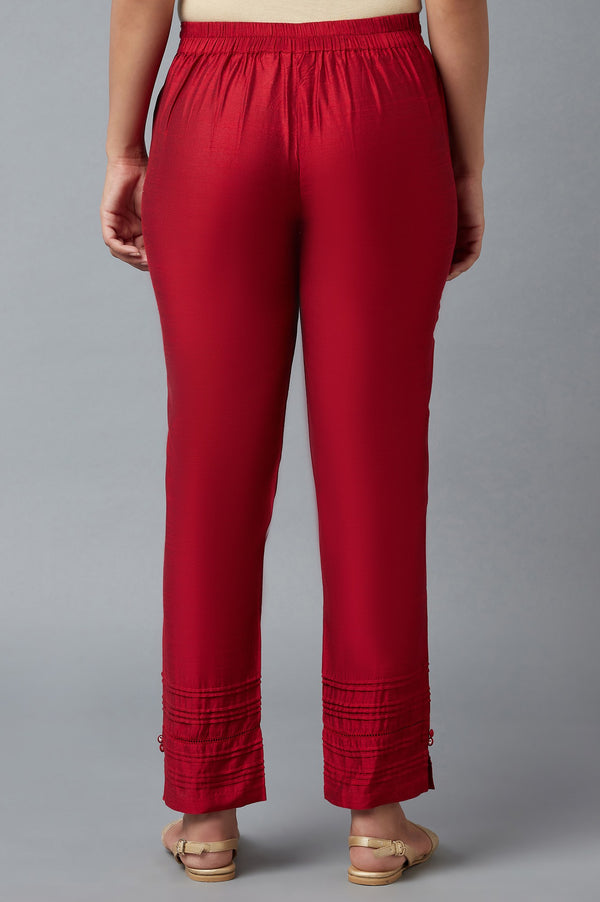 Red Solid Straight Fit Trousers With Elasticated Waist
