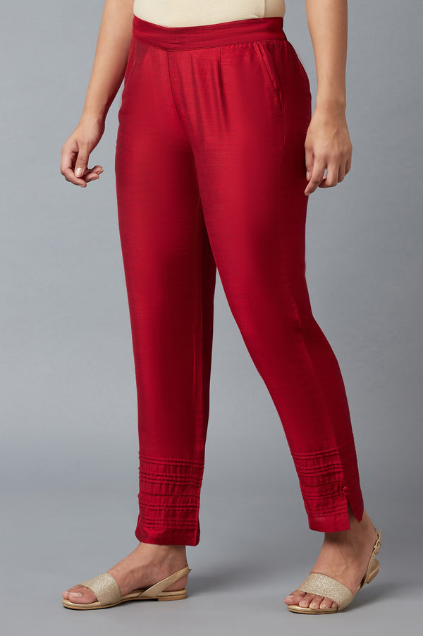 Red Solid Straight Fit Trousers With Elasticated Waist
