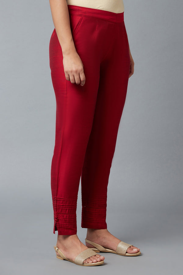 Red Solid Straight Fit Trousers With Elasticated Waist