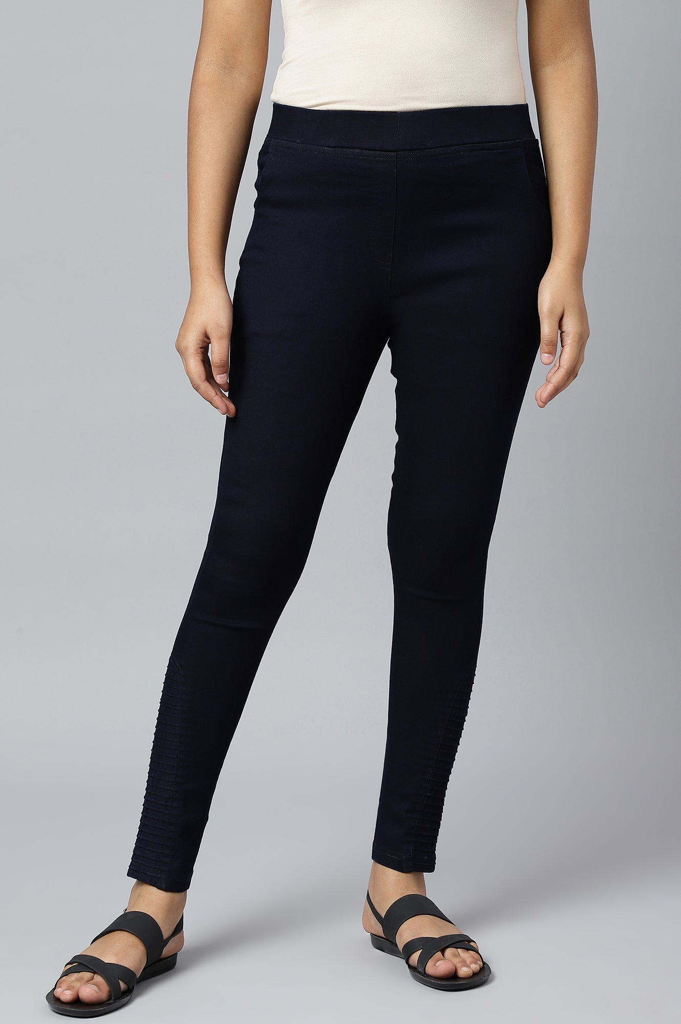 Navy Blue Pintucks Denim Jeggings