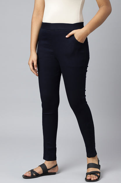 Navy Blue Pintucks Denim Jeggings