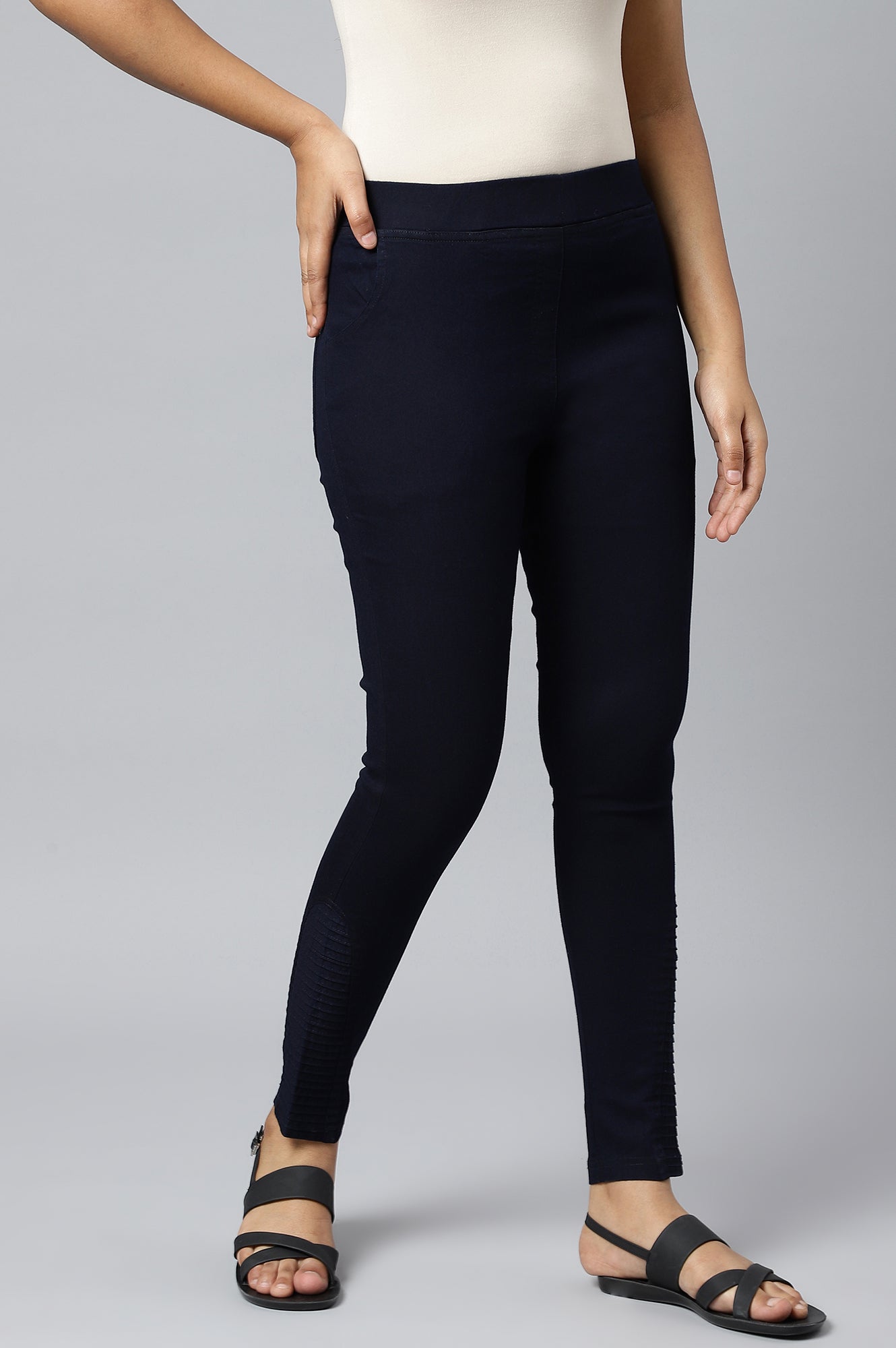Navy Blue Pintucks Denim Jeggings