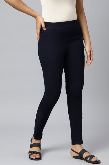 Navy Blue Pintucks Denim Jeggings