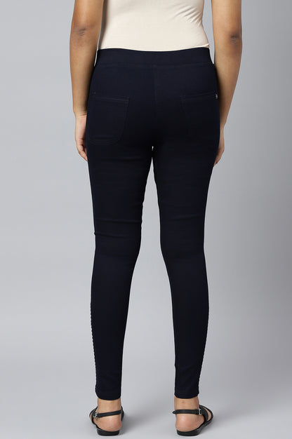 Navy Blue Pintucks Denim Jeggings
