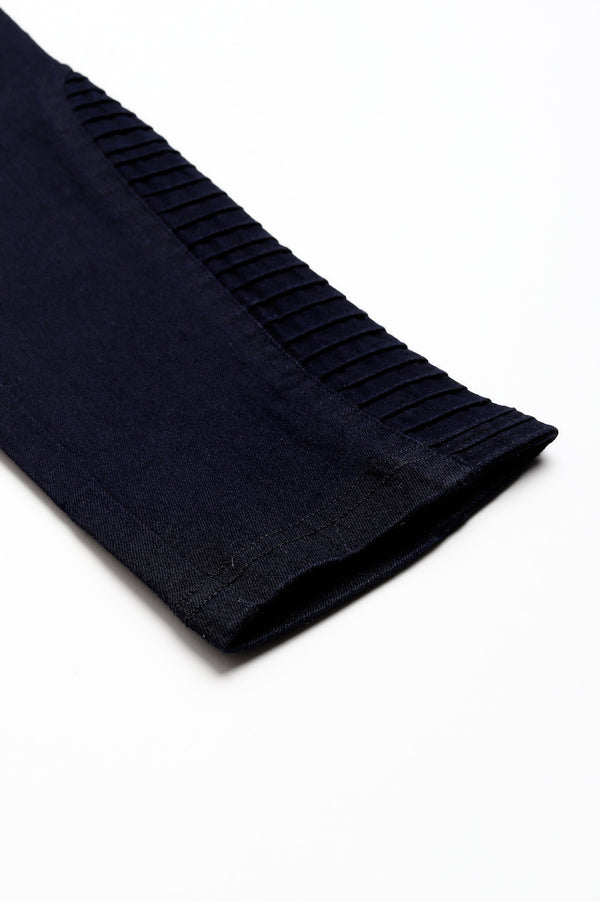Navy Blue Solid Skinny Fit Denim Jeggings With Pintucks