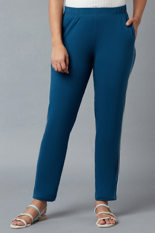 Blue Solid Straight Fit Cotton Pants With Elasticated Waistband