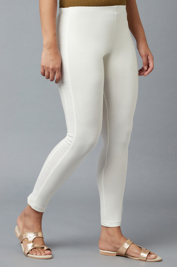 White Solid Skinny Fit Cotton Tights With Elasticated Waist