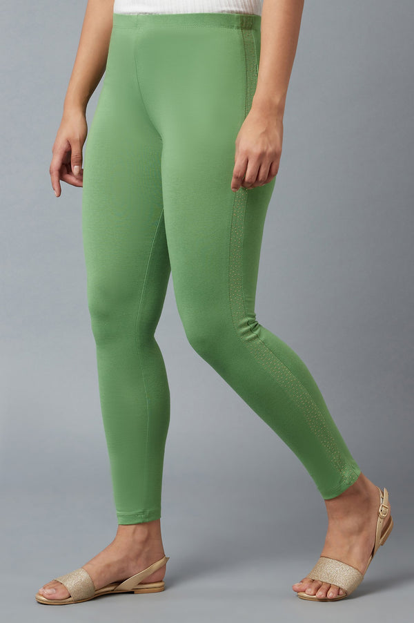 Green Solid Skinny Cotton Tights With Elasticated Waist