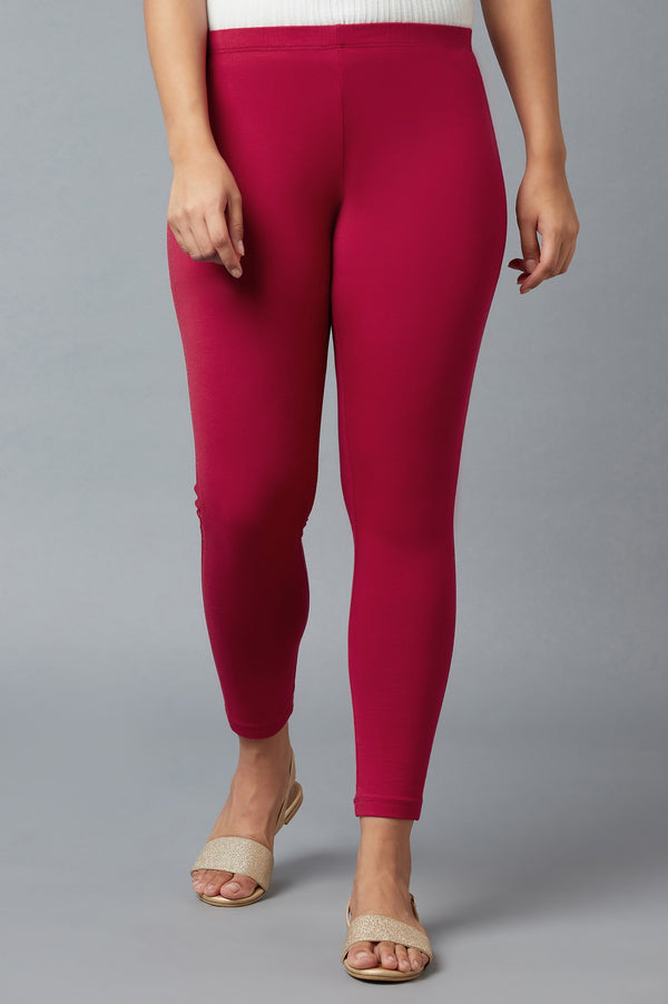 Red Solid Skinny Cotton Tights With Elasticated Waist