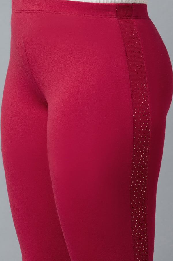 Red Solid Skinny Cotton Tights With Elasticated Waist