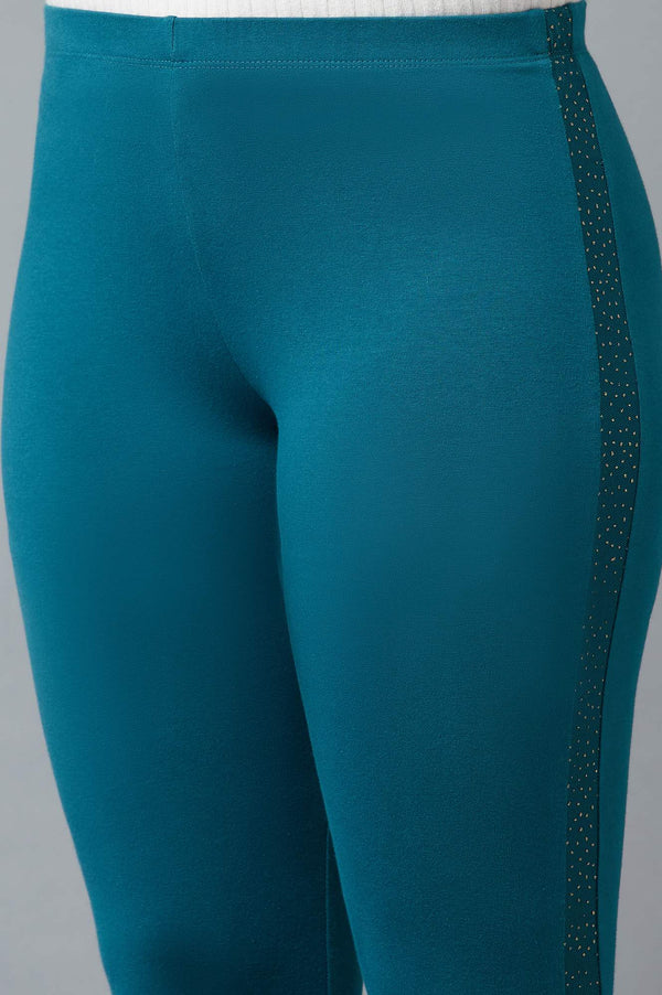 Blue Solid Skinny Fit Cotton Tights With Elasticated Waist