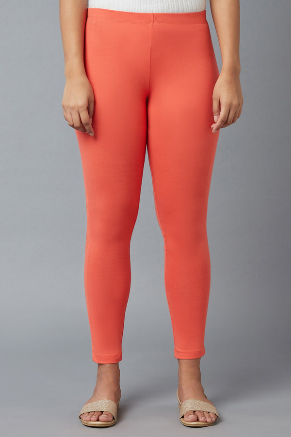 Peach Solid Skinny Fit Cotton Tights With Elasticated Waist