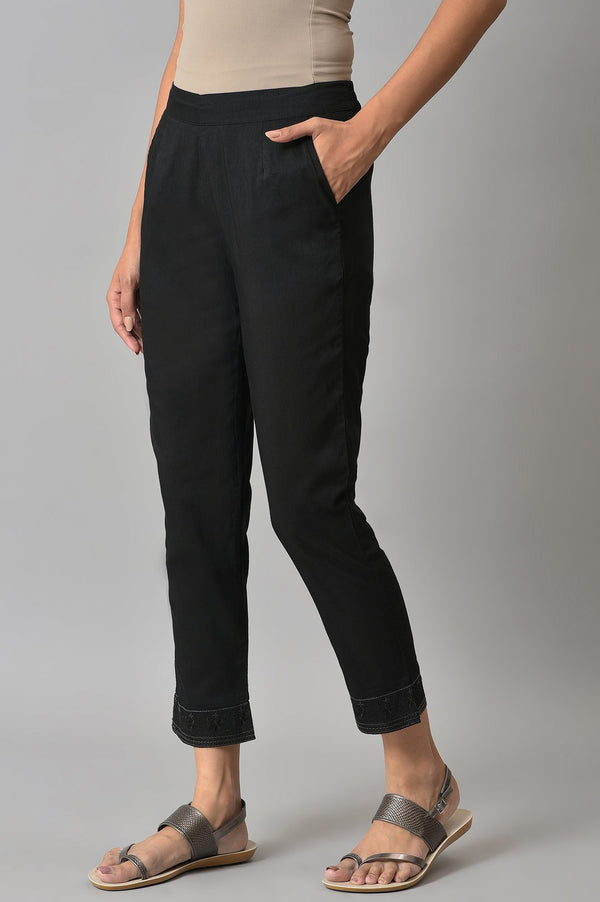 Black Floral Printed Straight Fit Pants With Elasticated Waist