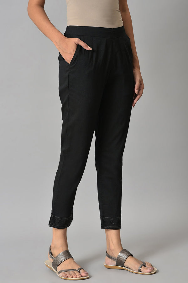 Black Floral Printed Straight Fit Pants With Elasticated Waist