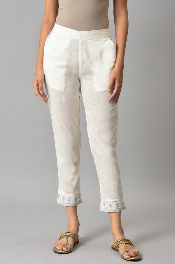 White Floral Wide Leg Cotton Pants With Elasticated Waist