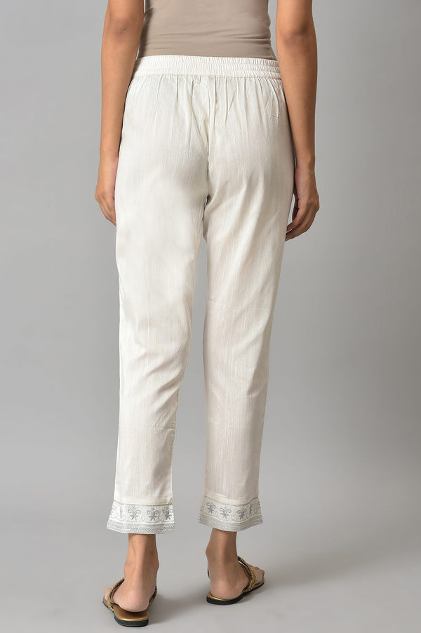 White Floral Wide Leg Cotton Pants With Elasticated Waist