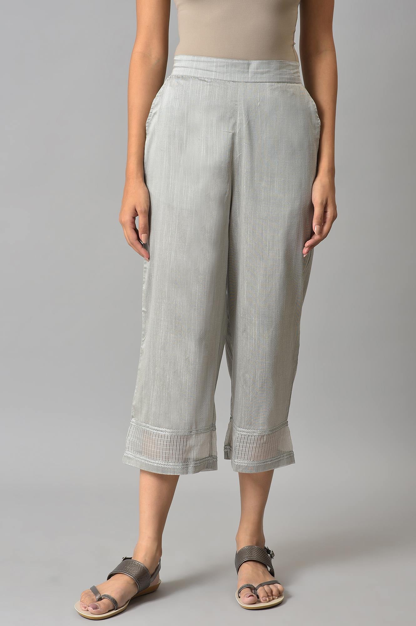 Grey Solid Straight Fit Culottes With Elasticated Waist