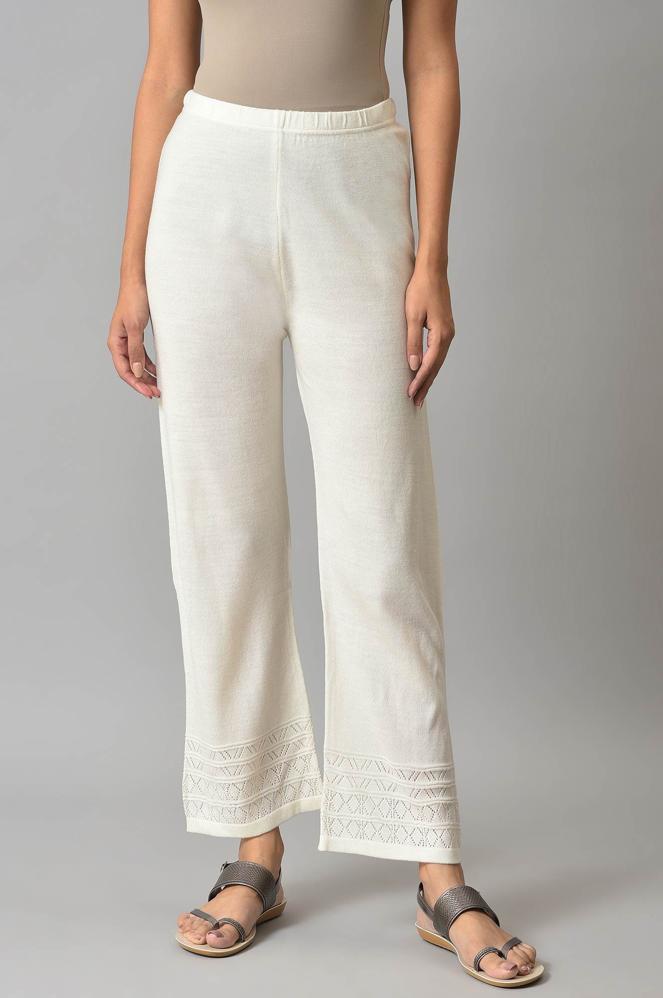 White Geometric Straight Fit Acrylic Palazzo With Elasticated Waist