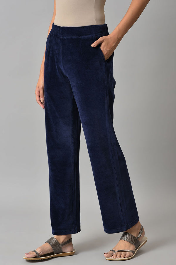 Navy Blue Solid Straight Fit Cotton Trousers With Elasticated Waist