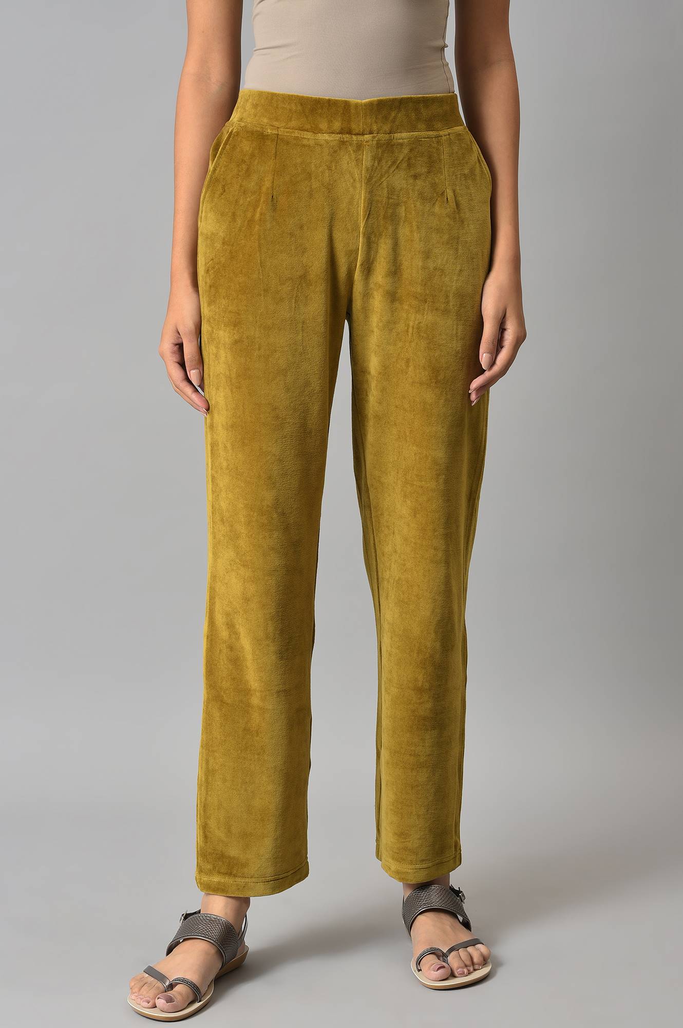 Muted Sage Green Solid Straight Fit Cotton Trousers With Elasticated Waist
