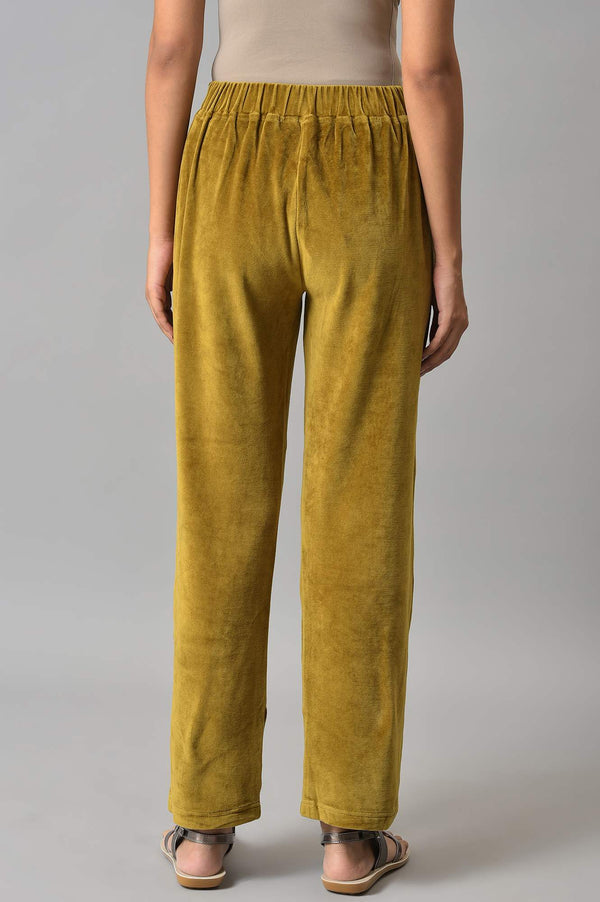 Muted Sage Green Solid Straight Fit Cotton Trousers With Elasticated Waist