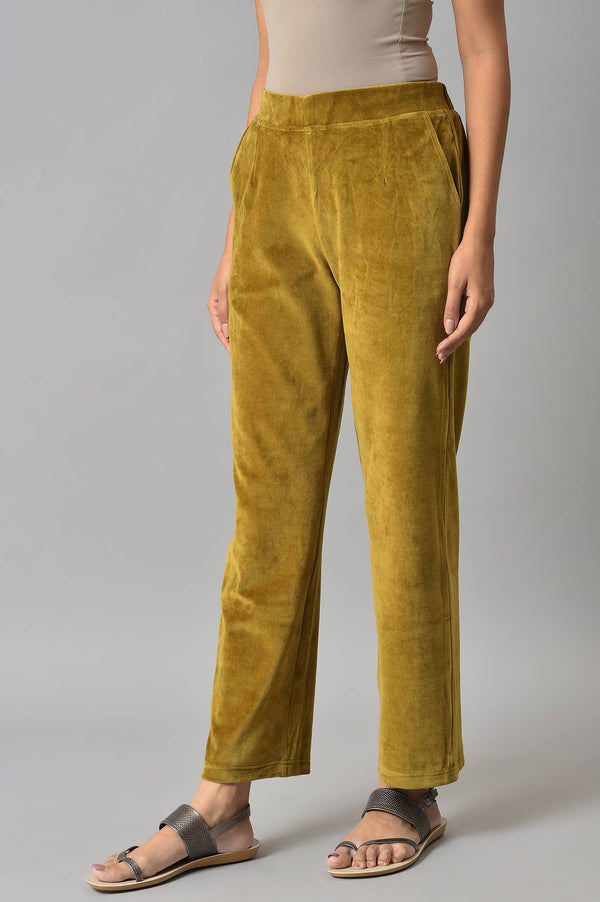 Muted Sage Green Solid Straight Fit Cotton Trousers With Elasticated Waist