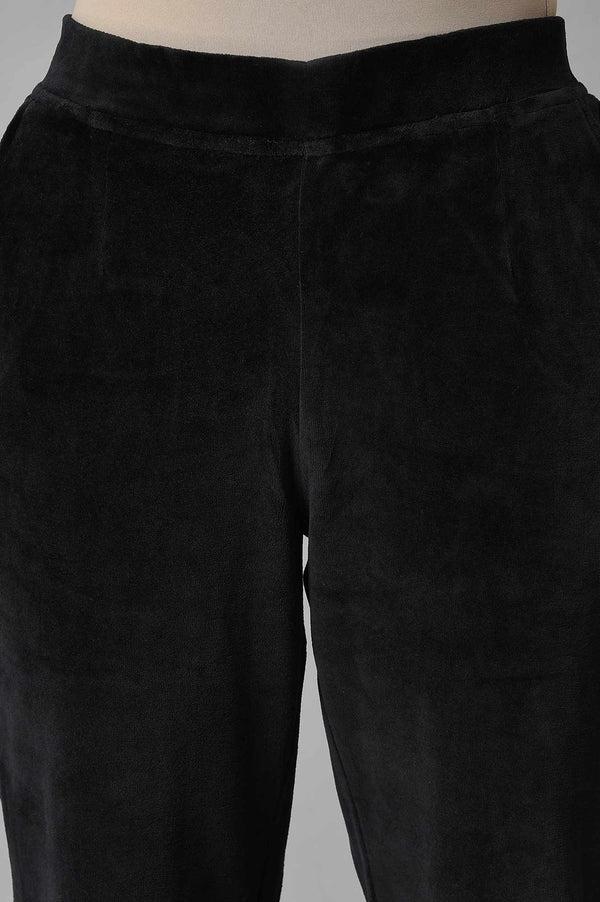Black Solid Straight Fit Cotton Trousers With Elasticated Waist