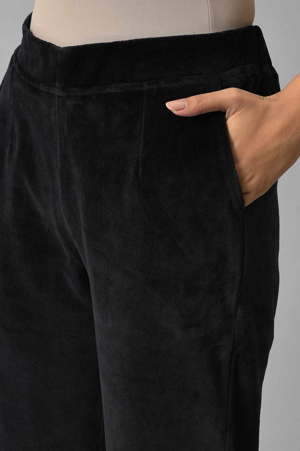 Black Solid Straight Fit Cotton Trousers With Elasticated Waist