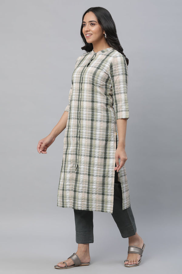 Elleven Women's Green Textured Cotton Checker Kurta