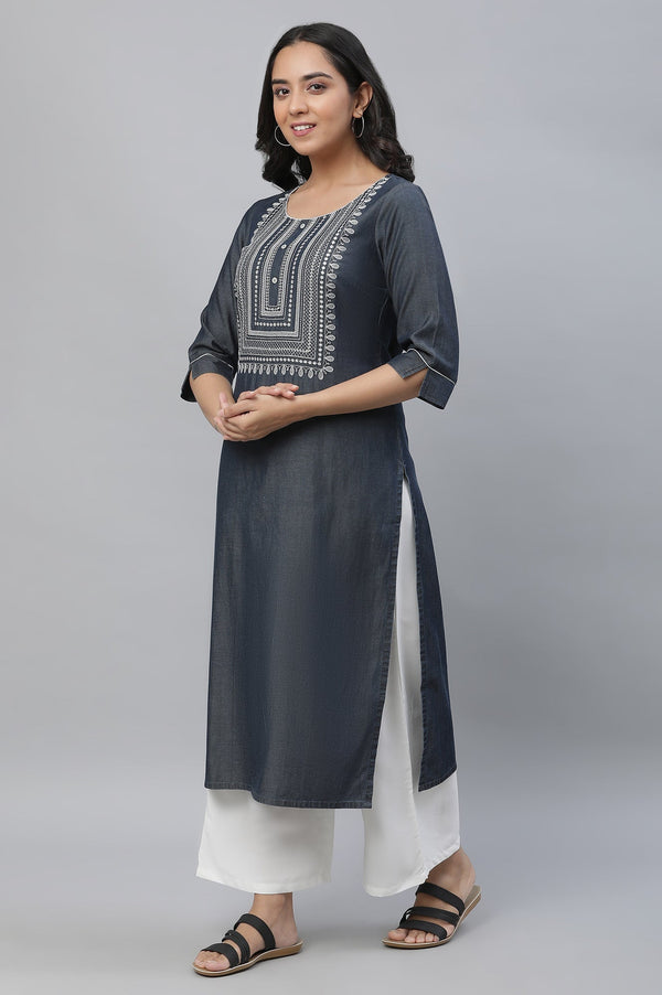 Elleven Women's Black Denim Embroidered Kurta