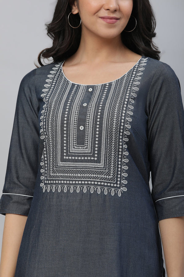Elleven Women's Black Denim Embroidered Kurta