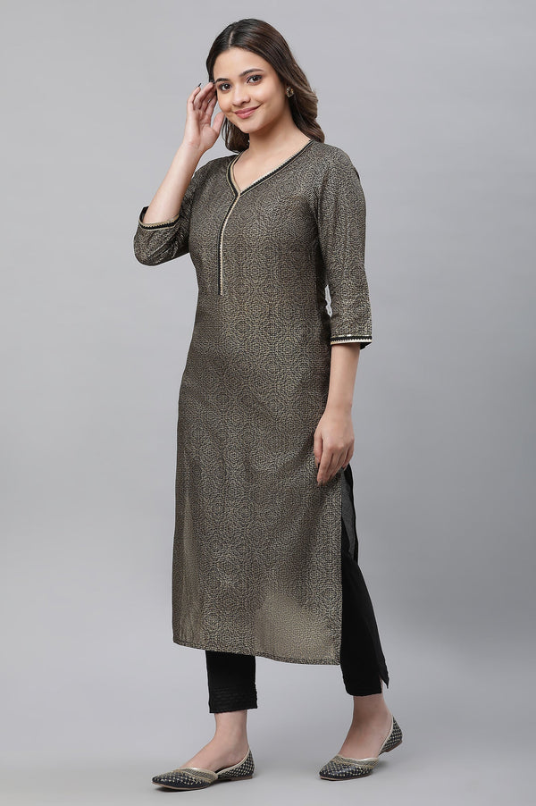 Elleven Women's Black Foil Printed Straight Festive Kurta