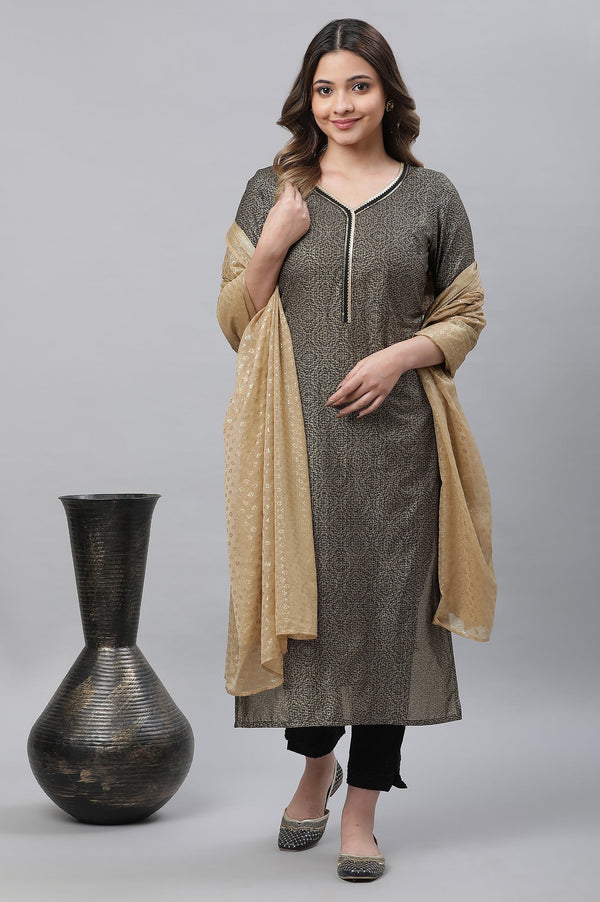 Elleven Women's Black Foil Printed Straight Festive Kurta