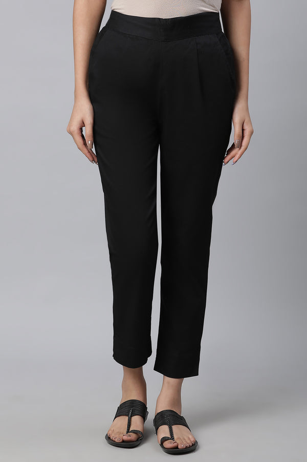Black Solid Straight Fit Cotton Pants With Elasticated Waist
