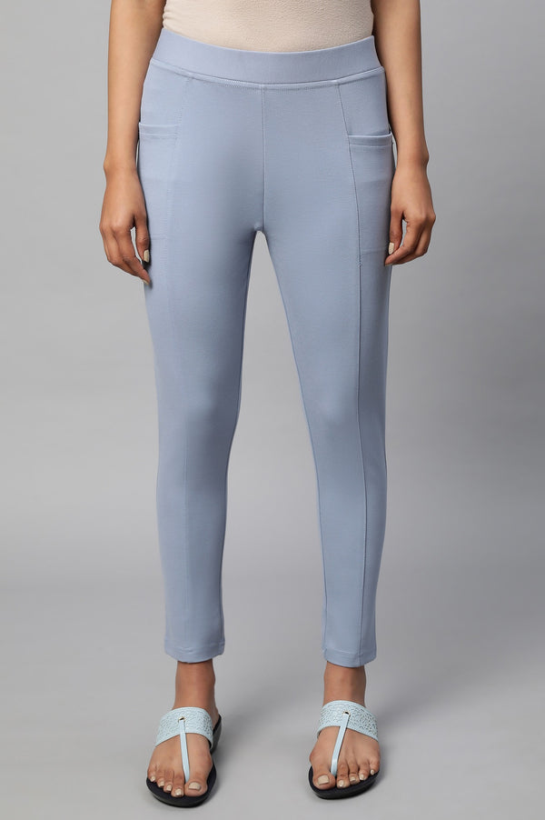 Light Blue Solid Skinny Fit Yoga Tights With Side Pockets