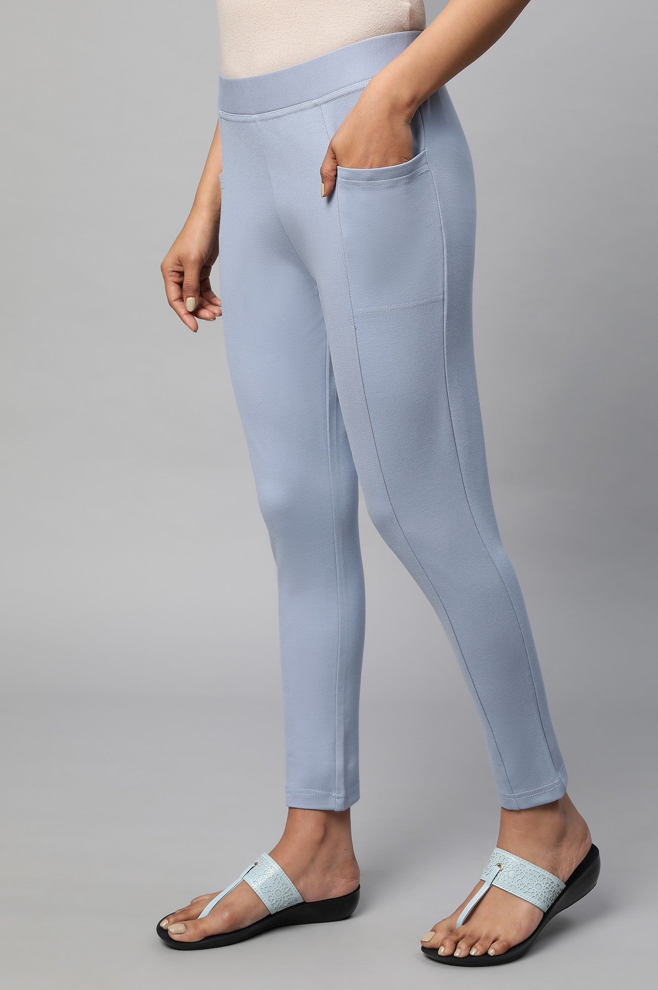 Light Blue Solid Yoga Tights