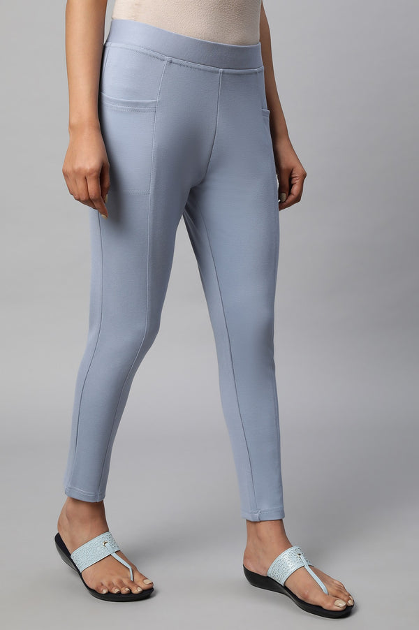 Light Blue Solid Skinny Fit Yoga Tights With Side Pockets