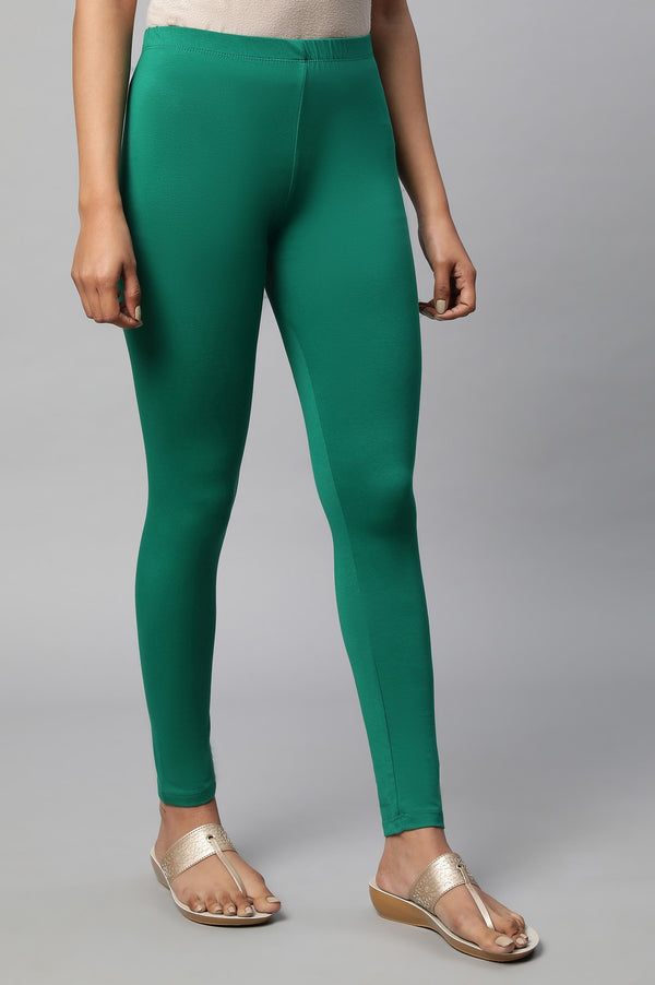 Green Solid Skinny Fit Cotton Tights With Elasticated Waist