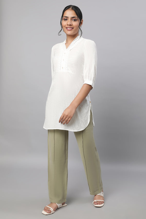 Muted Sage Green Solid Straight Fit Woven Pants With Pintuck Detail