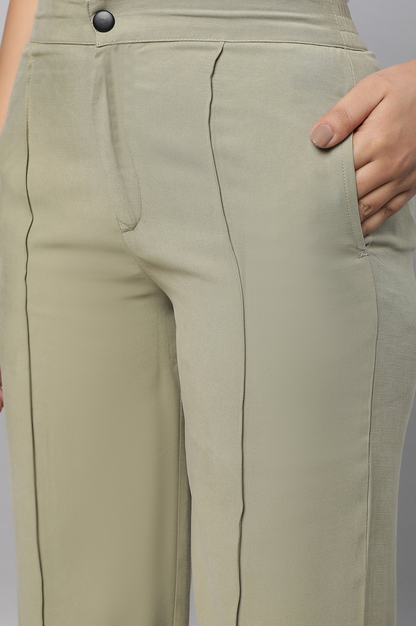 Buy Muted Sage Green Solid Straight Fit Woven Pants With Pintuck