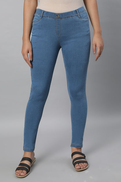 Blue Yarn Dyed Solid Buttons Denim Lycra Skinny Fit Ankle Length Jeggings