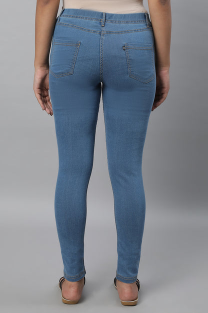 Blue Yarn Dyed Solid Buttons Denim Lycra Skinny Fit Ankle Length Jeggings