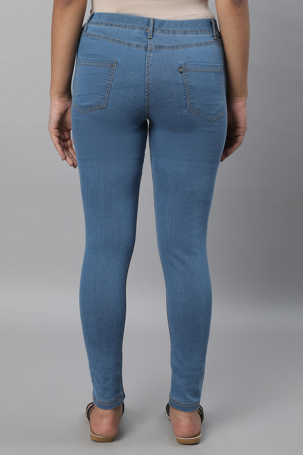 Blue Yarn Dyed Solid Buttons Denim Lycra Skinny Fit Ankle Length Jeggings