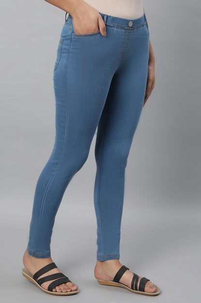 Blue Yarn Dyed Solid Buttons Denim Lycra Skinny Fit Ankle Length Jeggings