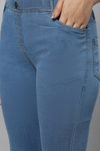 Blue Yarn Dyed Solid Buttons Denim Lycra Skinny Fit Ankle Length Jeggings