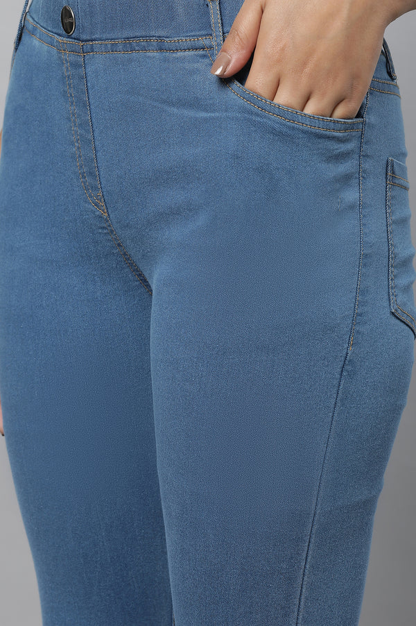Blue Yarn Dyed Solid Buttons Denim Lycra Skinny Fit Ankle Length Jeggings