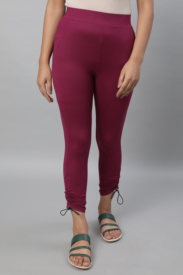 Purple Solid Skinny Fit Tights With Drawstring Detail