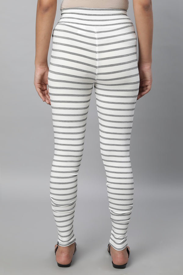White Striped Skinny Fit Cotton Tights With High Waistband