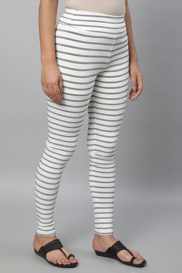 White Striped Skinny Fit Cotton Tights With High Waistband