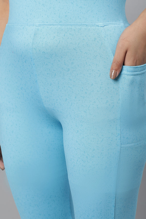 Blue Printed Skinny Fit Yoga Tights With Elasticated Waist